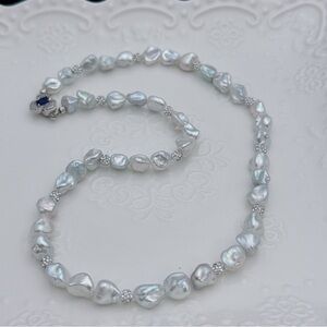 X454 Handmade Sliver Blue Freshwater Baroque Pearl Necklace